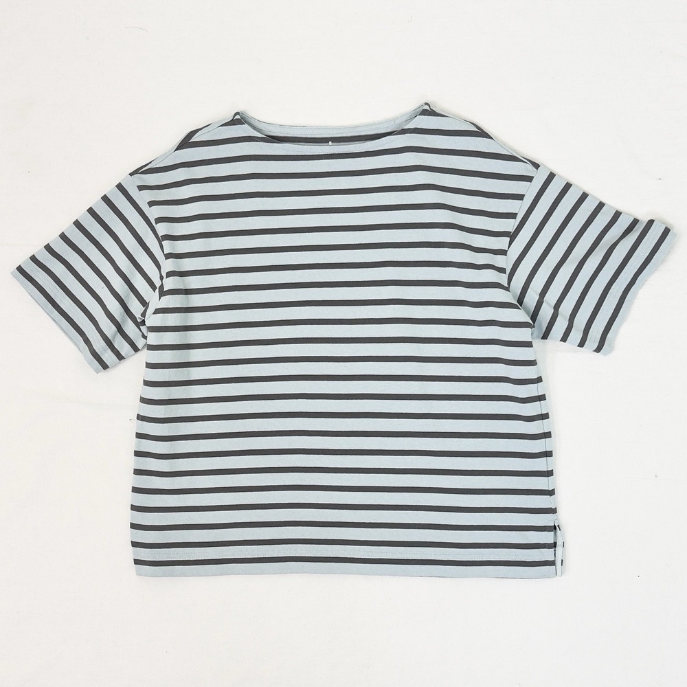 MUJI  Womens Light Blue Striped Wide Neck Heavyweight Cotton T-Shirt S